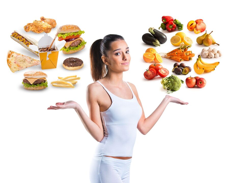 escolha entre alimentos saudáveis ​​e não saudáveis